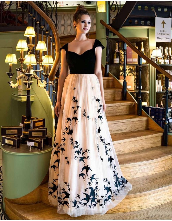 Vestido de fiesta largo con falda de pájaros bordados EMABRIDE - 1