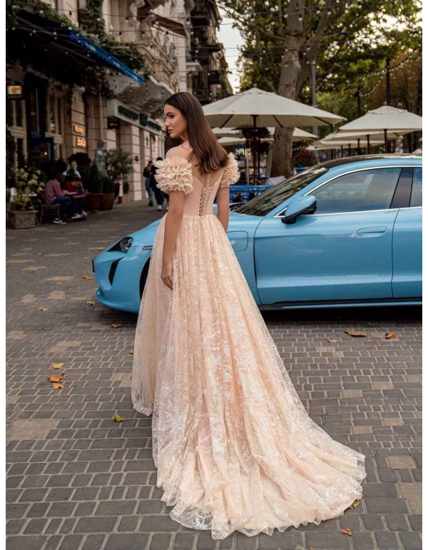 Vestido largo de fiesta salmón con bustier y falda de tul bordada 2