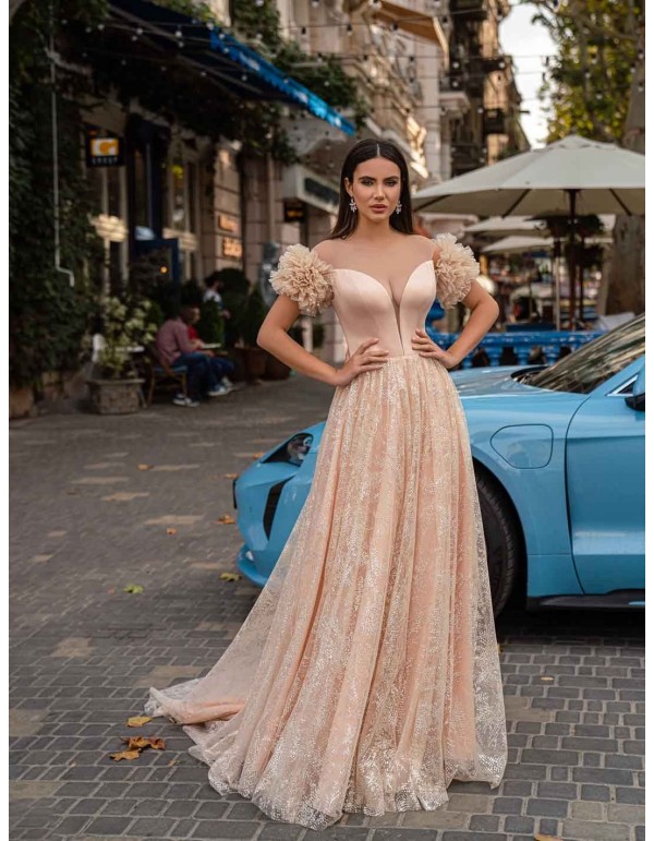 Long salmon evening dress with a bustier and embroidered tulle skirt