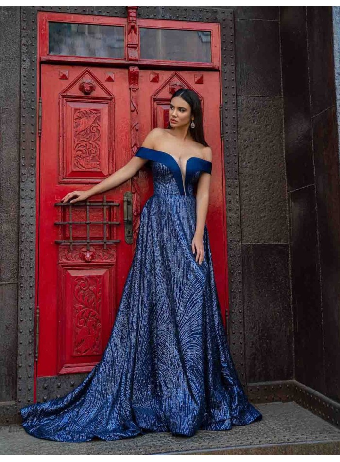 Long evening gown with a long sequined skirt and open bandeau neckline