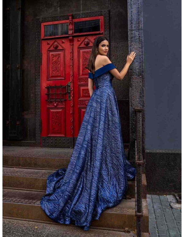Long evening gown with a long sequined skirt and open bandeau neckline 2