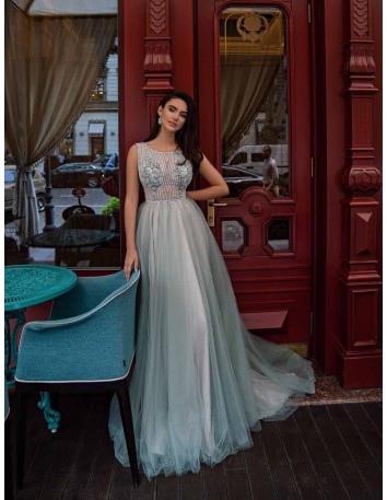 Aqua green long evening gown with sleeveless sequin body