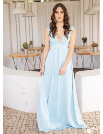 Long low-cut party dress with wide straps in light blue for parties
