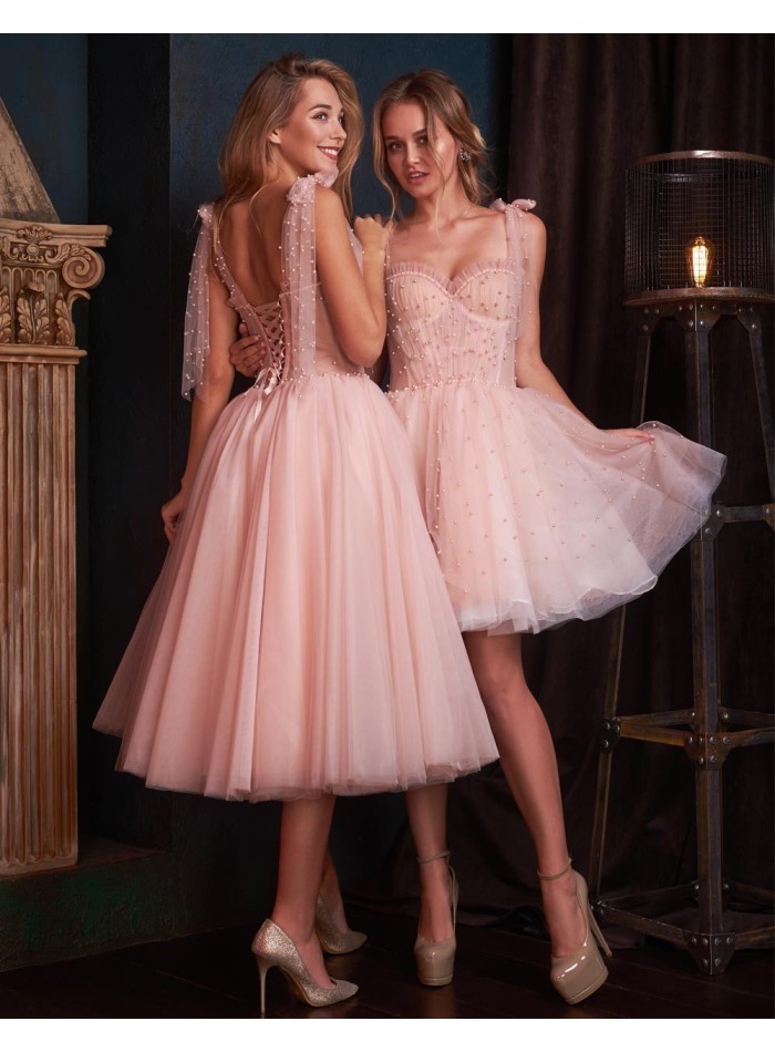 Midi or short party dress with sweetheart neckline in tulle with pearls Lanesta - 1 