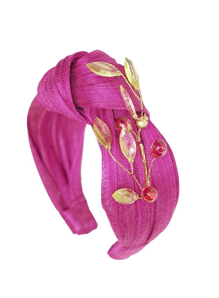 Knotted headband made of silk sinamay and crystal appliques fucsia