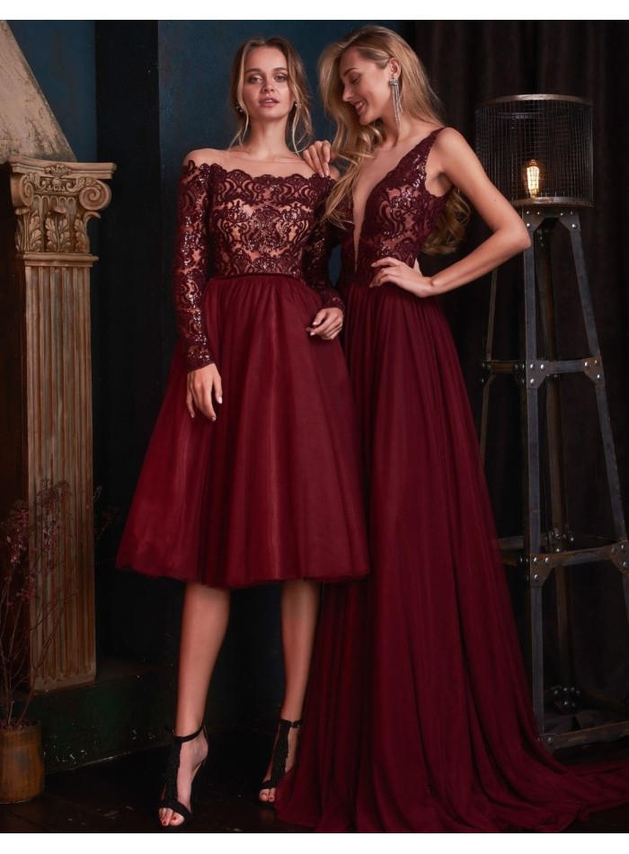 Cocktail dress with shimmering lace bodice burgundy