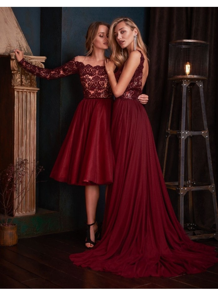Evening dress in burgundy with shiny lace bodice