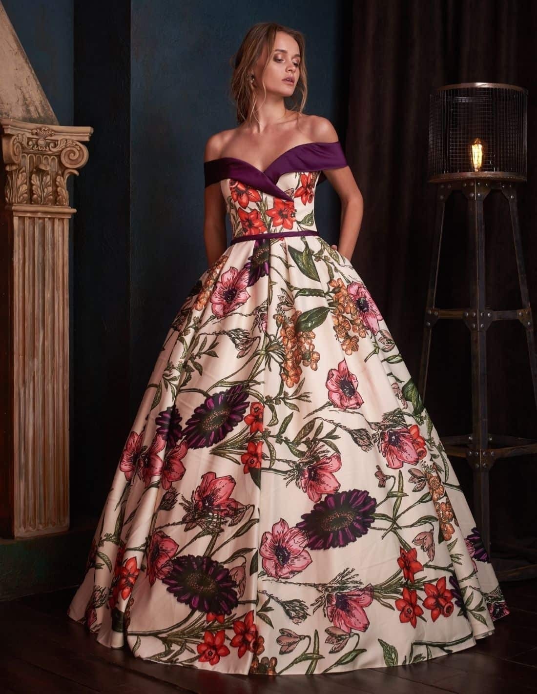 Evening dress with floral print, princess cut and bandeau neckline ...