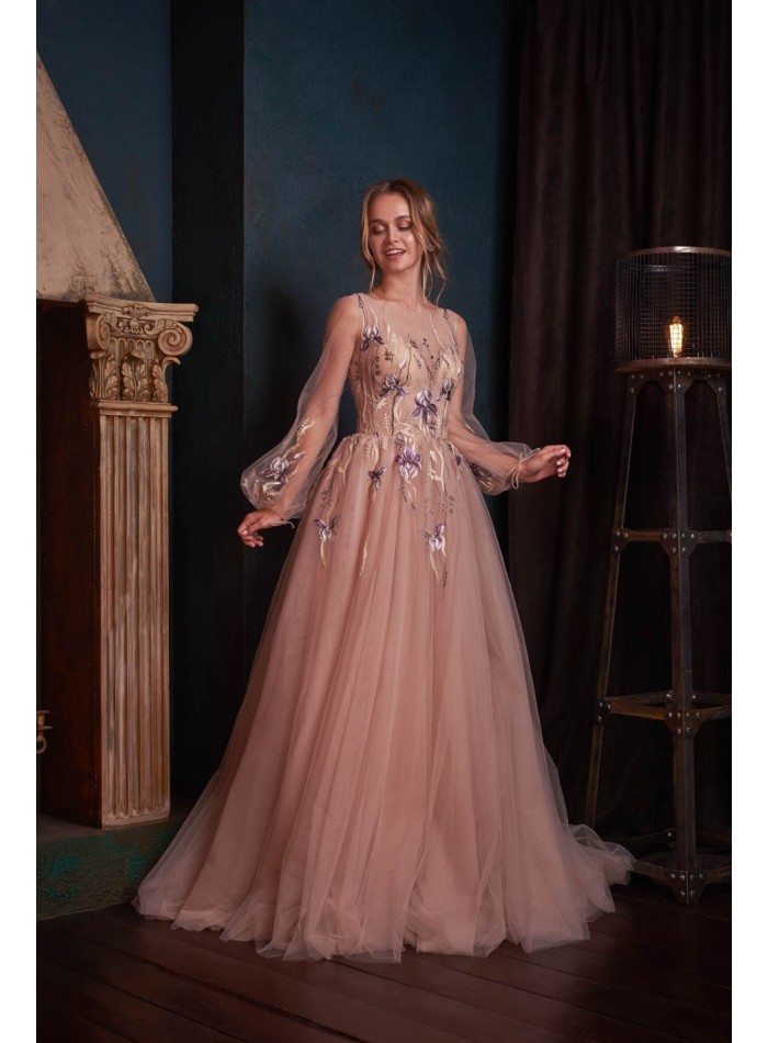 Long tulle party dress with embroidered flowers and puffed sleeves from Lanesta
