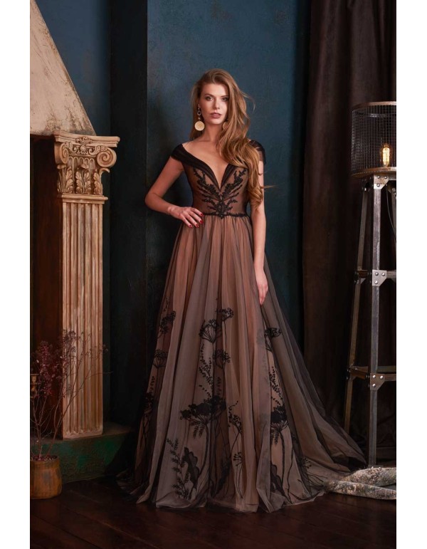 Long tulle party dress with black flower embroidery and dropped shoulders from Lanesta