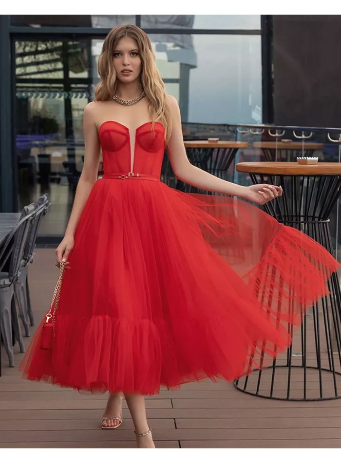 Midi formal dress made in tulle with strapless neckline-1