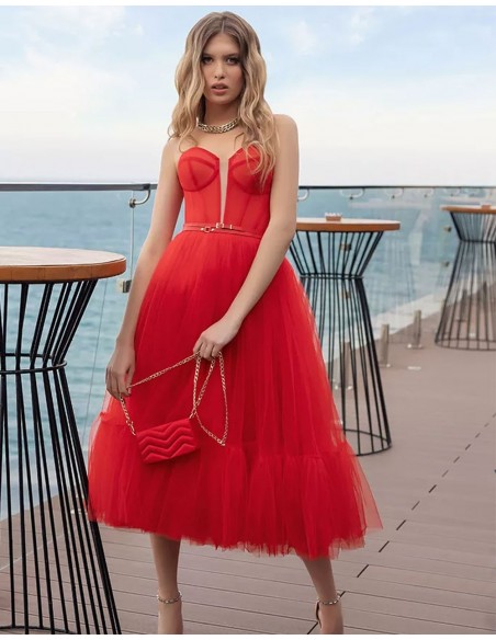 Vestido de fiesta midi realizado en tul con escote palabra de honor-2 Vestido de fiesta midi realizado en tul con escote palabra de honor-2