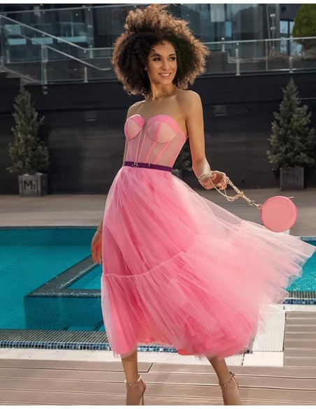 Gum pink midi dress made in tulle with heart neckline Oksana Mukha - 1  Gum pink midi dress made in tulle with heart neckline Oksana Mukha - 1