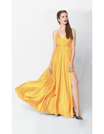 Long yellow evening dress with side slit and draped V-neckline