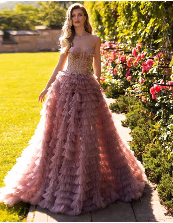 Long ball gown with layered tulle skirt & beaded bodice