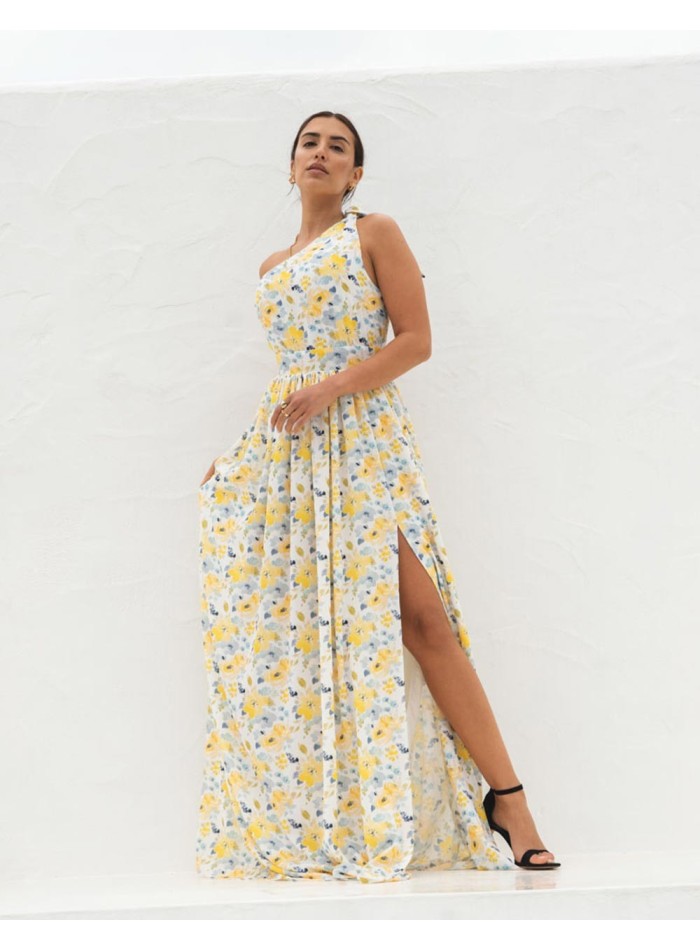 Long party dress with asymmetrical neckline and yellow flower print Mauî Official - 4 