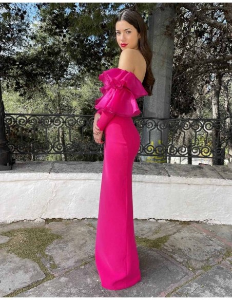 Vestido de fiesta largo con escote palabra de honor y manga volantes  Colores Fucsia Talla Ropa XS Categoria Colores ROSAS Mangas Con mangas