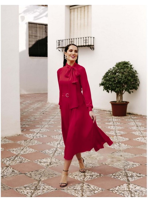 Red midi dress with long sleeves and a chiffon skirt