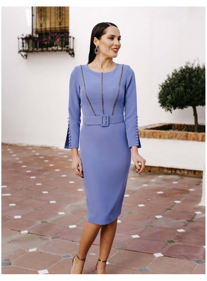 Lavender cocktail dress with a round neck and long buttoned sleeves by Victoria Victim