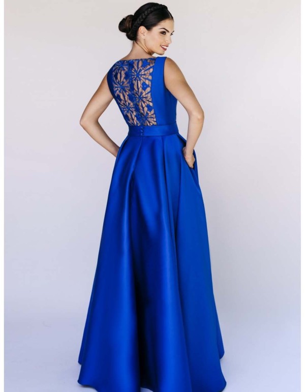 Robe de soirée longue en mikado avec dos en dentelle 2