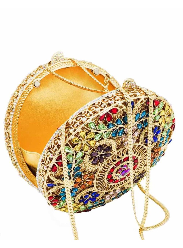 Bolso de mano joya con pequeñas flores de metal y Swarovski circular - INVITADA PERFECTA