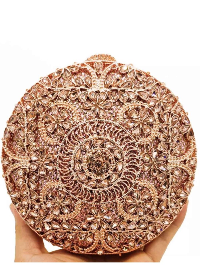 Bolso de mano joya con pequeñas flores de metal y Swarovski circular - INVITADA PERFECTA