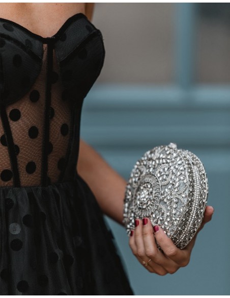 Bolso de mano joya con pequeñas flores de metal y Swarovski circular - INVITADA PERFECTA -3 Bolso de mano joya con pequeñas flores de metal y Swarovski circular - INVITADA PERFECTA -3