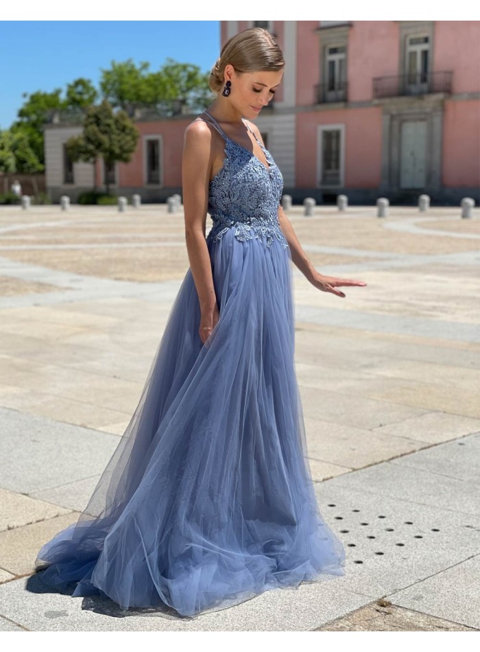 Vestidos De Gala Mujer, Vestido De Fiesta Largo De Tul Con Cuerpo Drapeado  Y Pedrería Azul