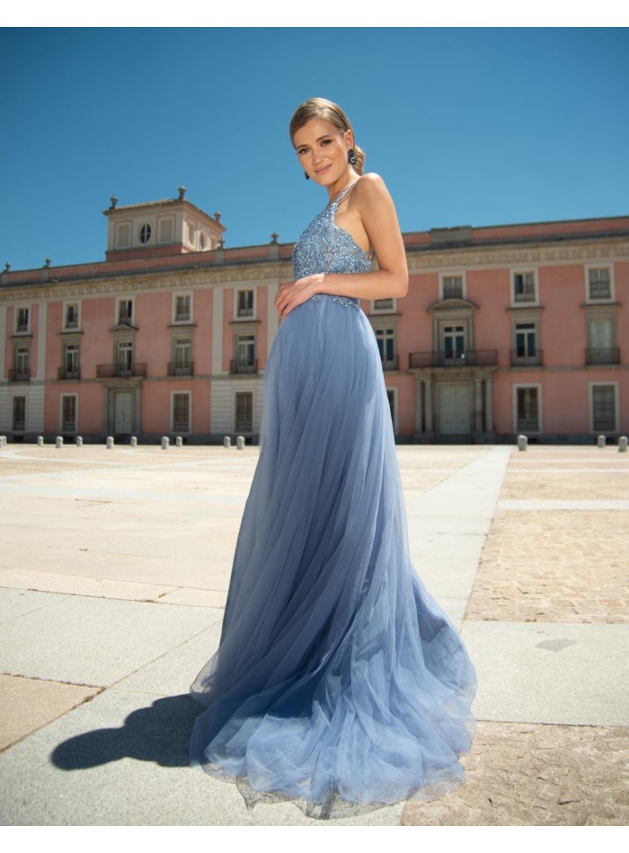 Vestido de fiesta largo de tul con cuerpo de pedrería - 1