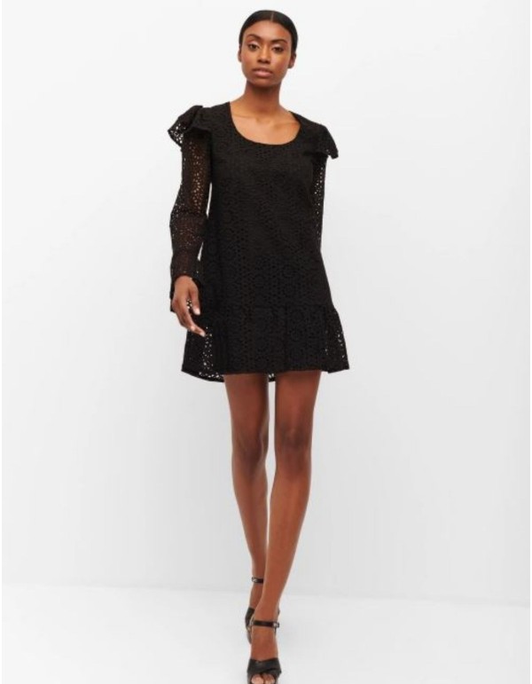Black romantic style cocktail dress with English embroidery from Cyrana Furs