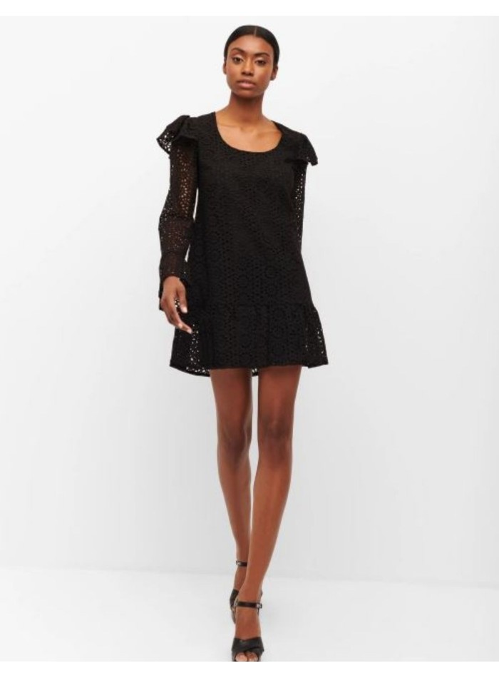Black romantic style cocktail dress with English embroidery from Cyrana Furs