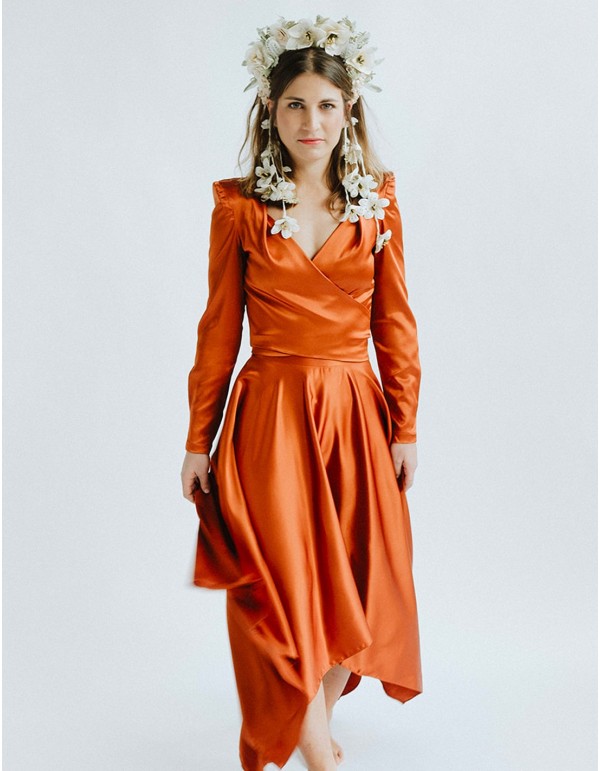 Orange asymmetric midi skirt with waistband