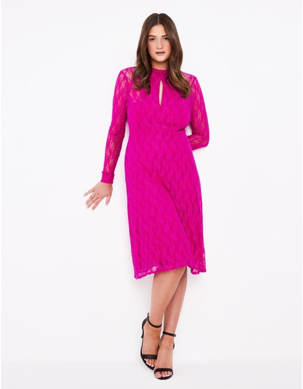 Vestido cóctel fucsia de encaje con manga larga Cocoove - 1