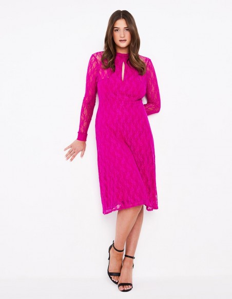 Fuchsia lace cocktail dress with long sleeves Cocoove - 1 