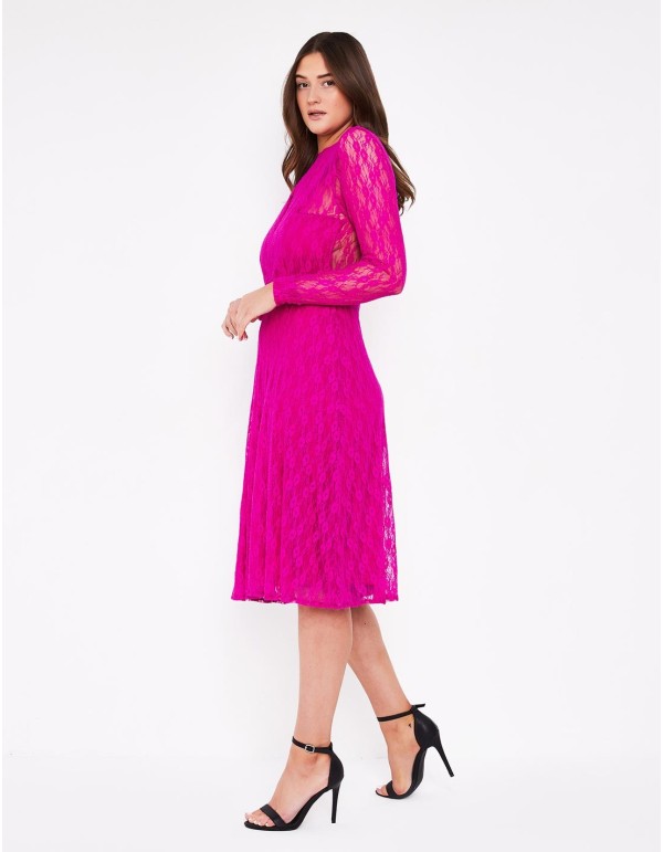 Fuchsia lace cocktail dress with long sleeves Cocoove - 1  2