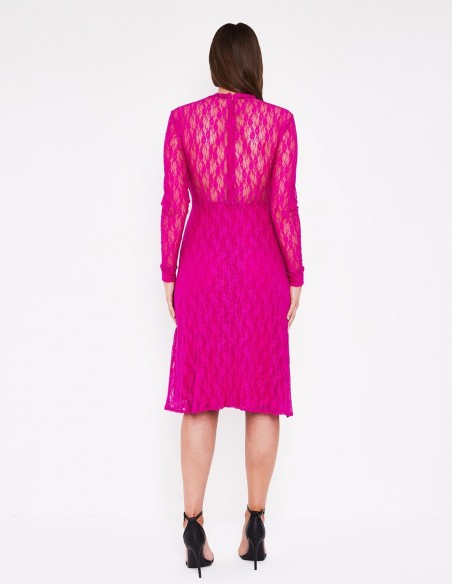 Fuchsia lace cocktail dress with long sleeves Cocoove - 3 
