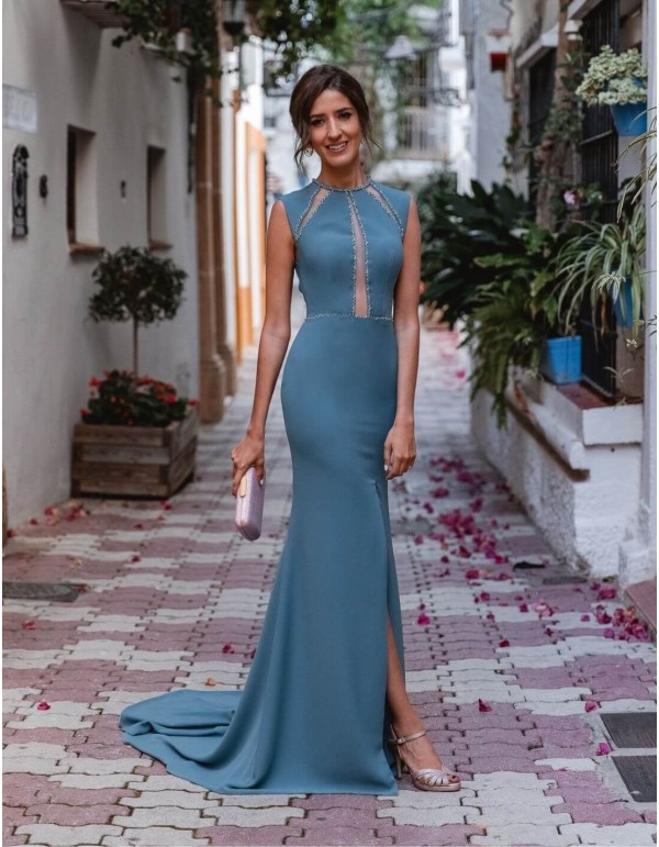 Long party dress with rhinestones and transparencies in INVITADISIMA