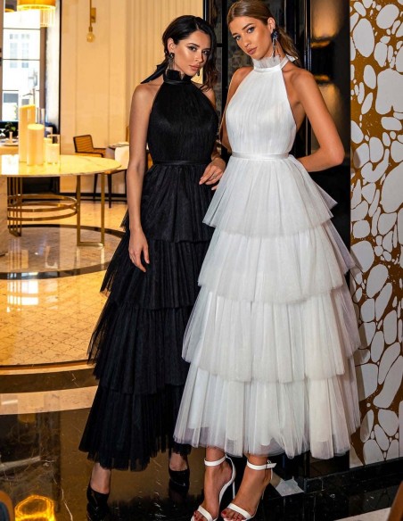 Halter neck midi party dress and skirt with tulle layers in black and white Halter neck midi party dress and skirt with tulle layers in black and white