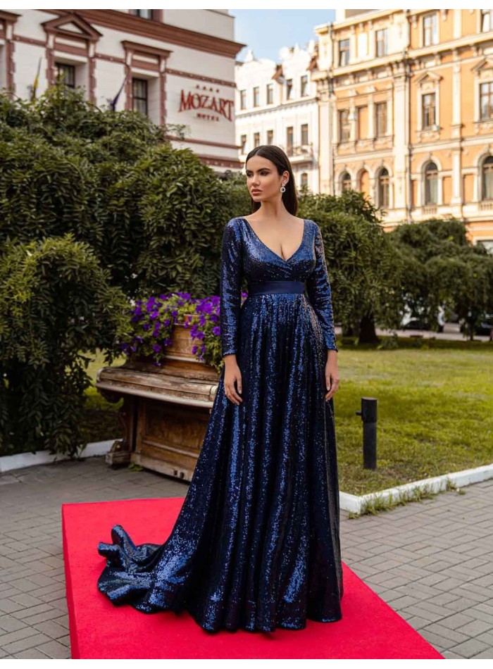 Long evening gown with long sleeves and front and back neckline