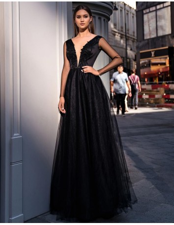 Evening dress made of tulle with transparent sleeves and V-neckline. EMABRIDE - 1 
