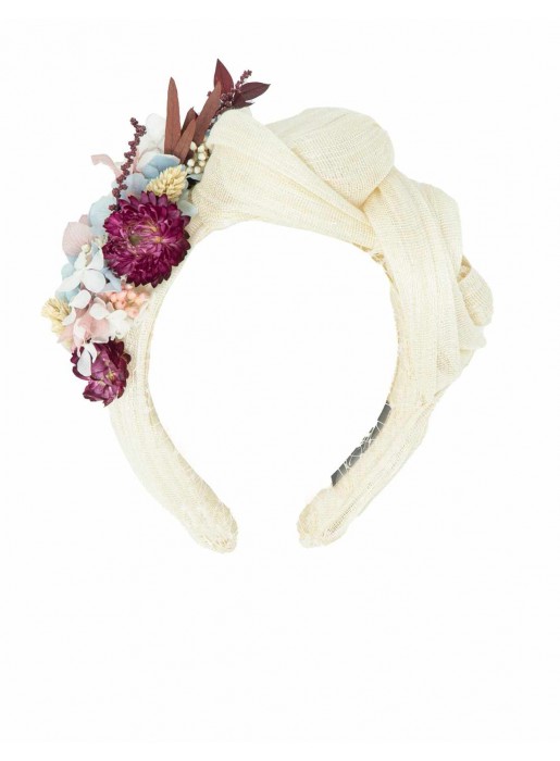 Crumpled style headband in raw tone with preserved flowers Cala by Lilian - 1 