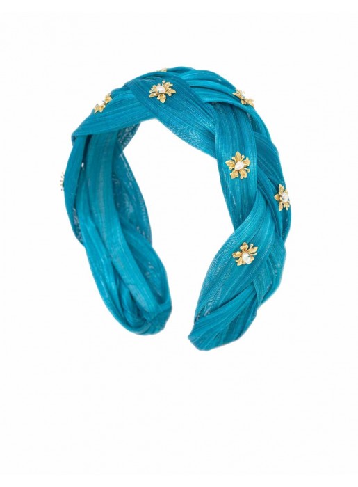 Blue braided headband with golden flowers Cala by Lilian - 1 
