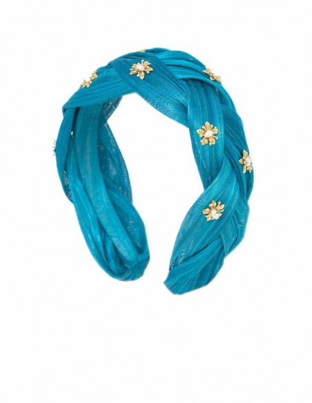 Blue braided headband with golden flowers Cala by Lilian - 1 