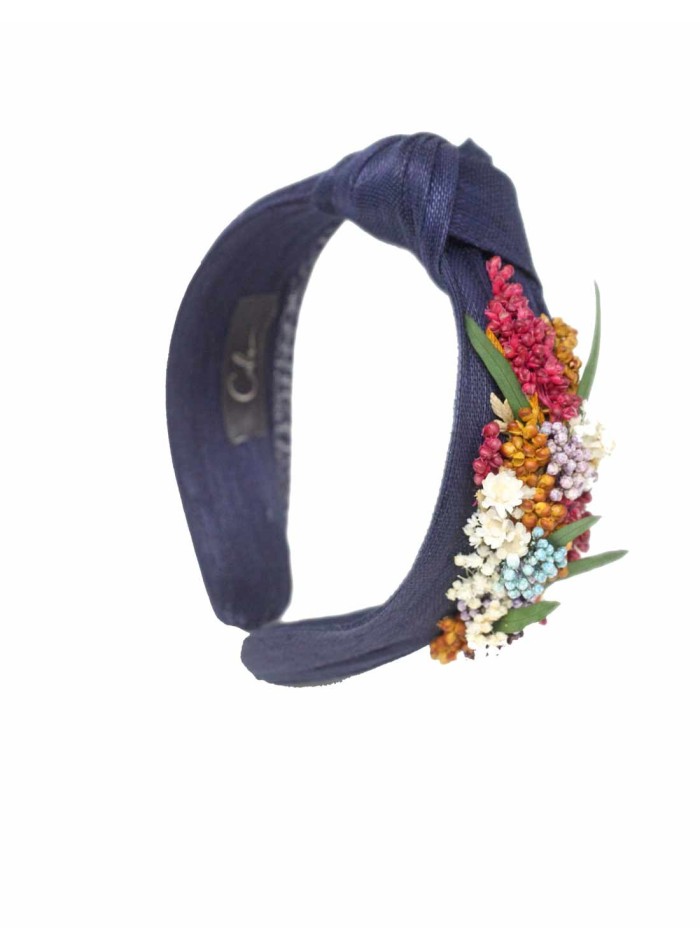 Navy blue headband with floral decoration on the side Cala by Lilian - 1