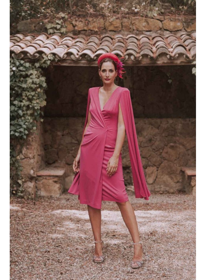 Bougainvillea cocktail dress with long cape sleeves - Miss Cavallier