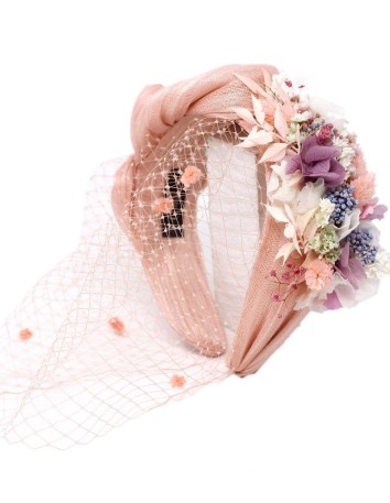 Ruffled headband in pale pink sinamay silk with preserved flowers by Cala by Lilian