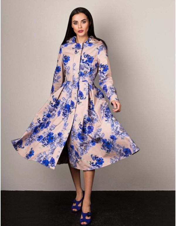 Floral print trench coat and flared skirt with pleated skirt