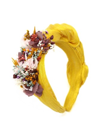 Mustard crinkled sinamay headband with preserved natural flowers and leaves by Cala by Lilian