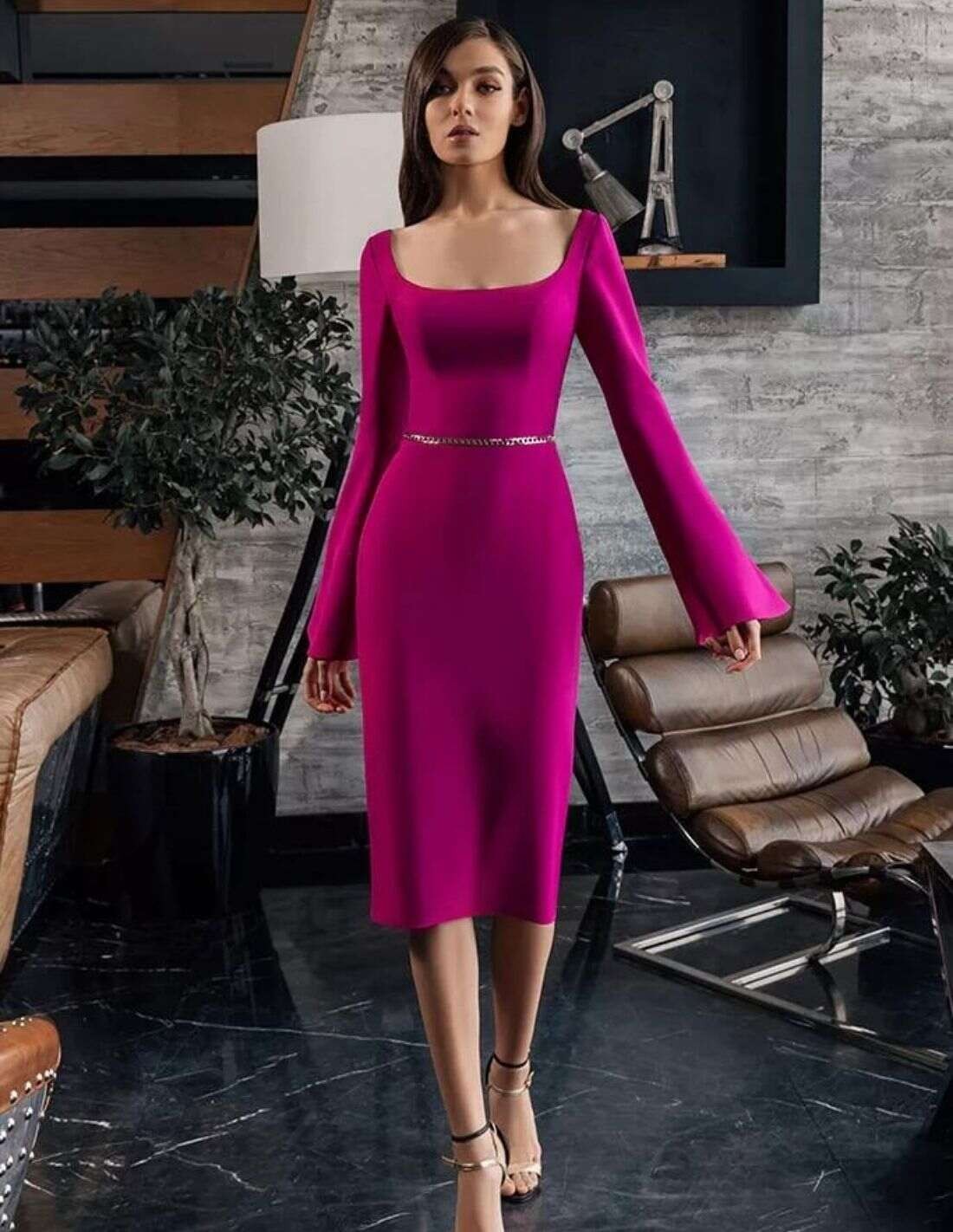 square neck cocktail dress with sleeves