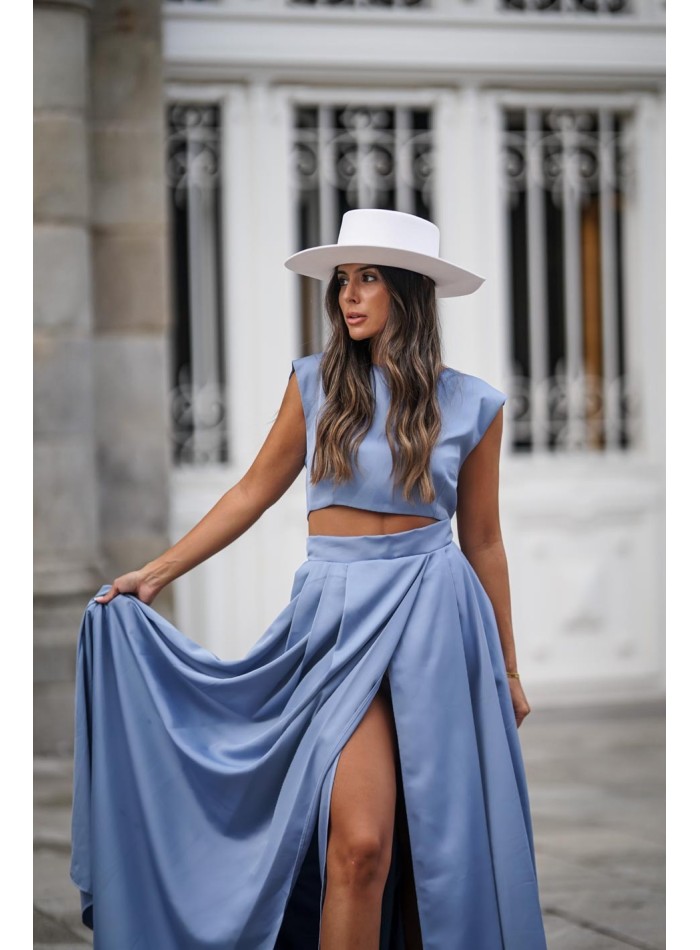 papel precoz Besugo Falda larga de fiesta azul con abertura lateral | INVITADISIMA
